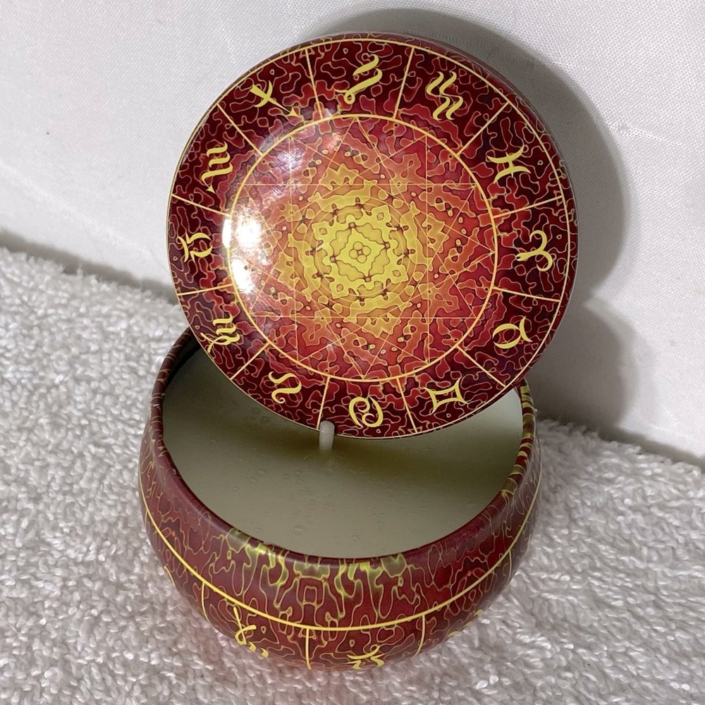 5/$35 Zodiac Mediterranean Fig Scented 2.5oz Soy Wax Candle In Tin With Lid NEW